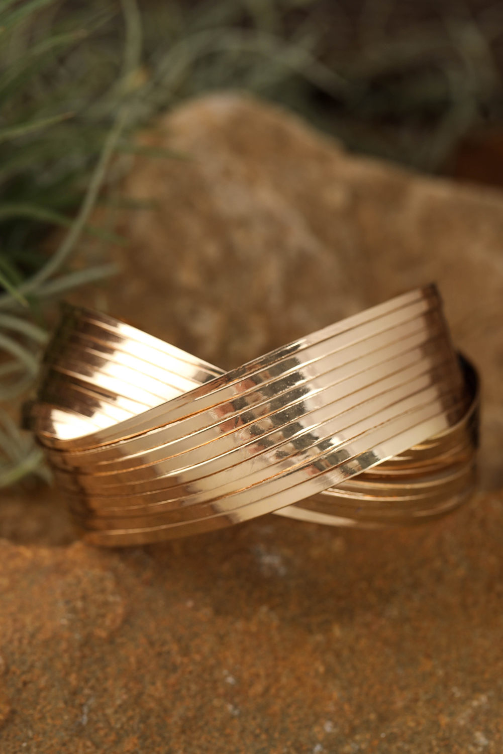 Gold Textured Crossover Metal Cuff Bracelet - loveforevers