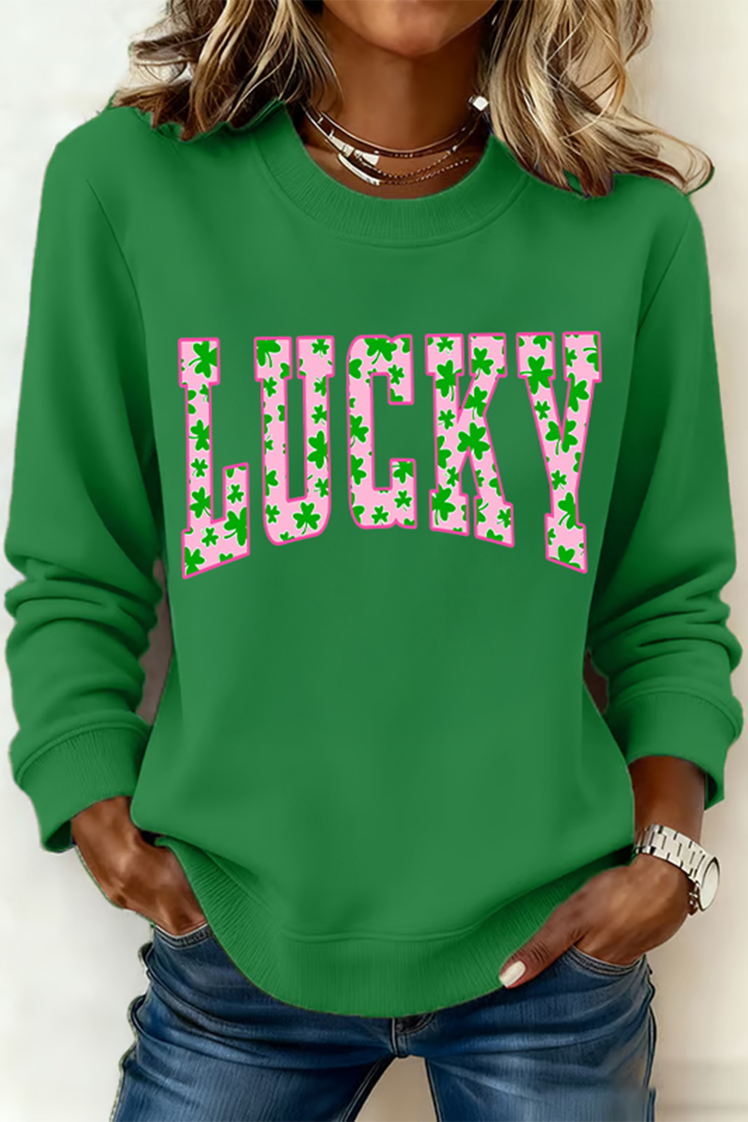 Dark Green LUCKY Clover Letter Printed Loose Pullover Sweatshirt - loveforevers