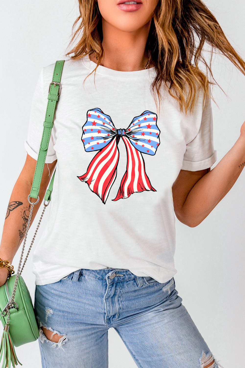 Khaki American Flag Bow Knot Print Round Neck T Shirt - loveforevers