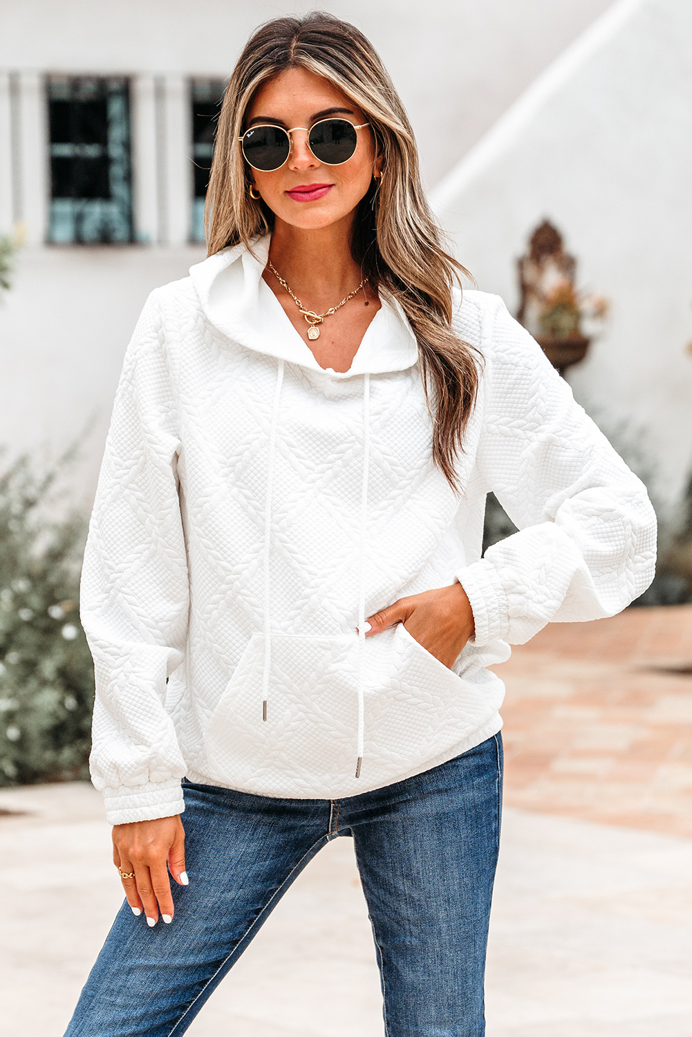 White Cable Lattice Texture Kangaroo Pocket Hoodie - loveforevers