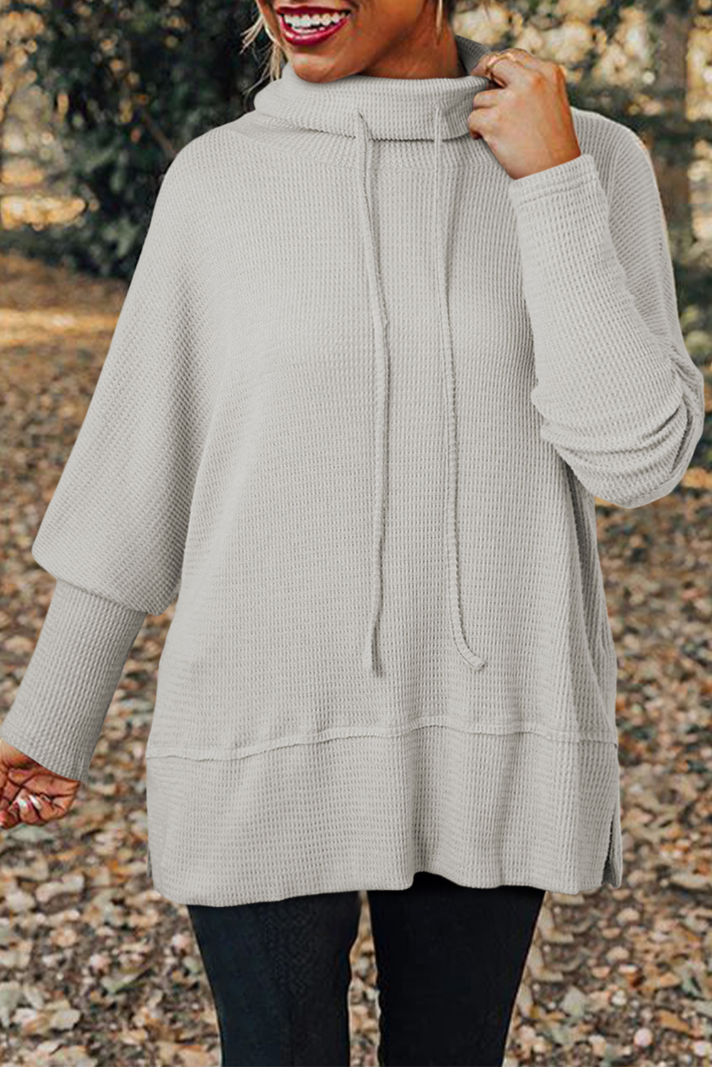 Light Grey Textured Knit Drawstring Cowl Neck Oversize Top with Side Slits - loveforevers