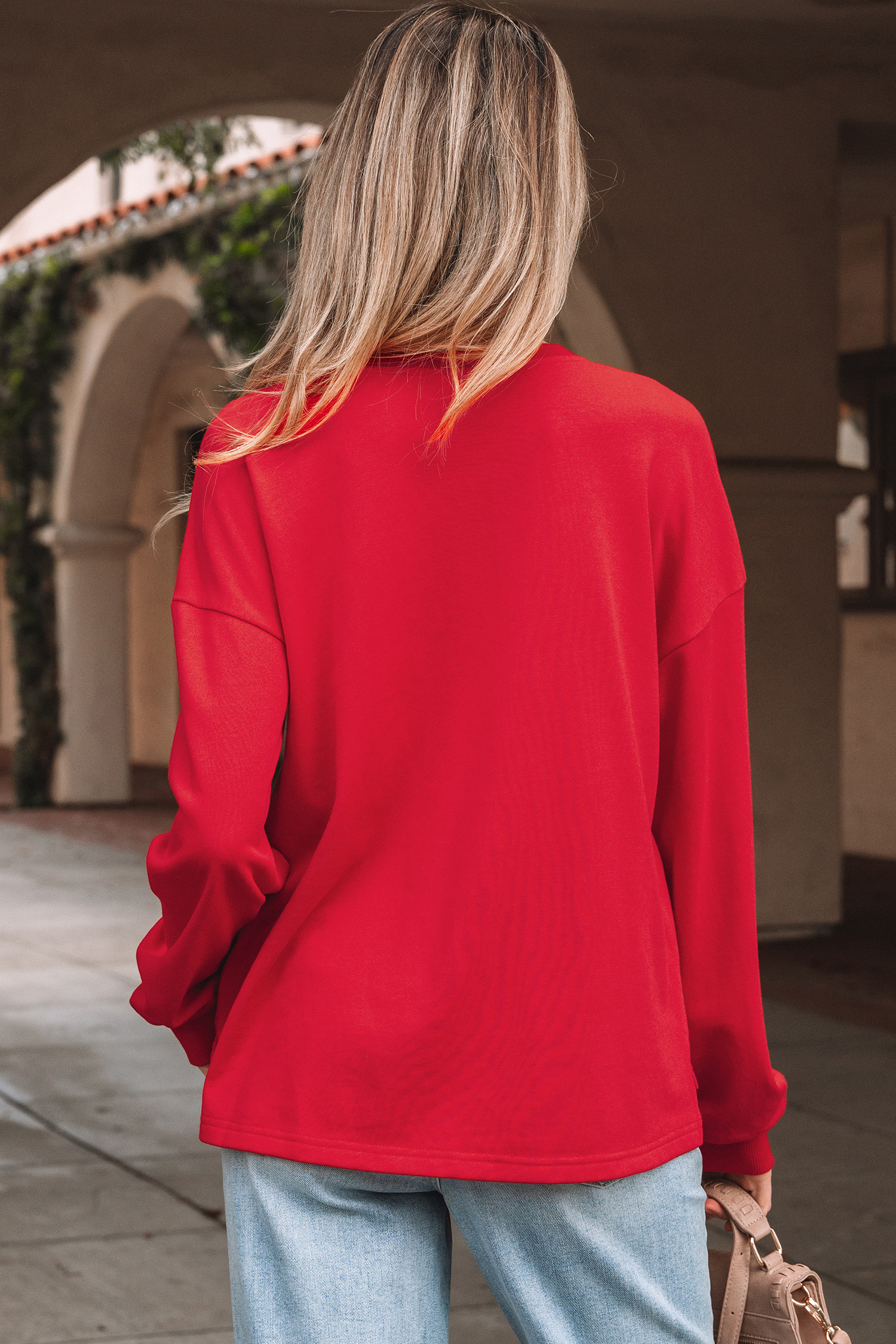 Fiery Red Plaid Frayed Double Christmas Tree Patched Drop Shoulder Sweatshirt - loveforevers