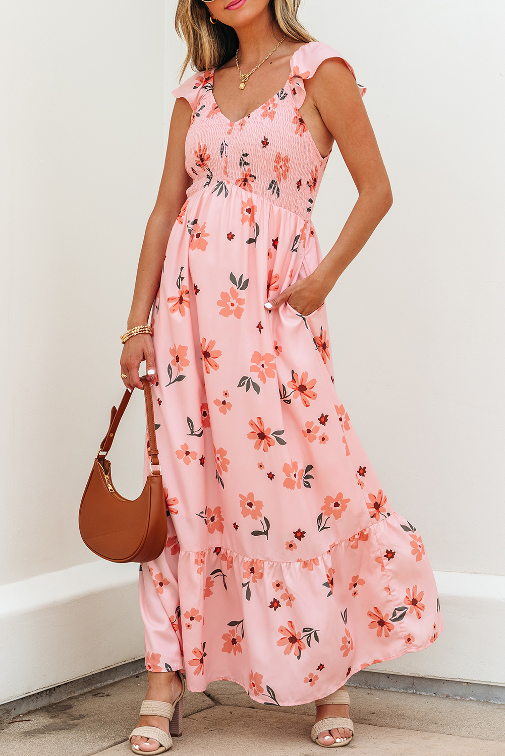 Black V Neck Flutter Sleeve Smocked Bodice High Waist Ruffle Maxi Dress - loveforevers