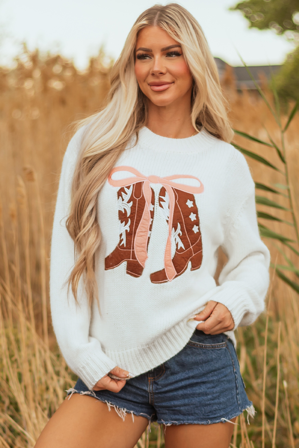 White Embroidered Bow Boots Graphic Drop Shoulder Sweater - loveforevers