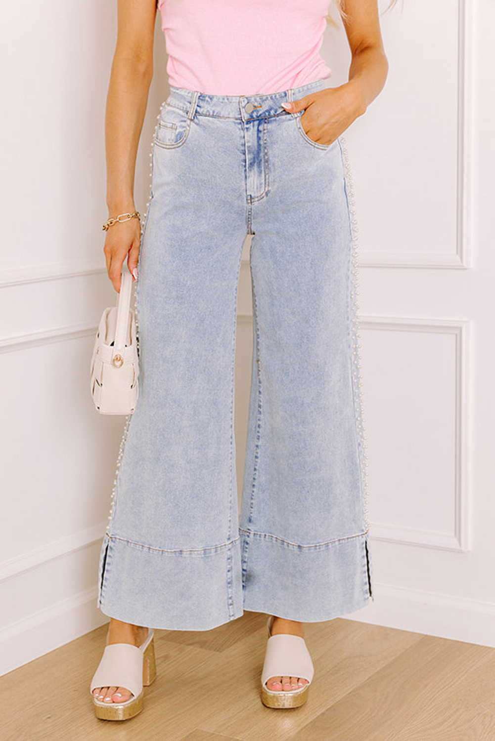 Beau Blue Mid Rise Pearl Embellished Split Wide Leg Jeans - loveforevers
