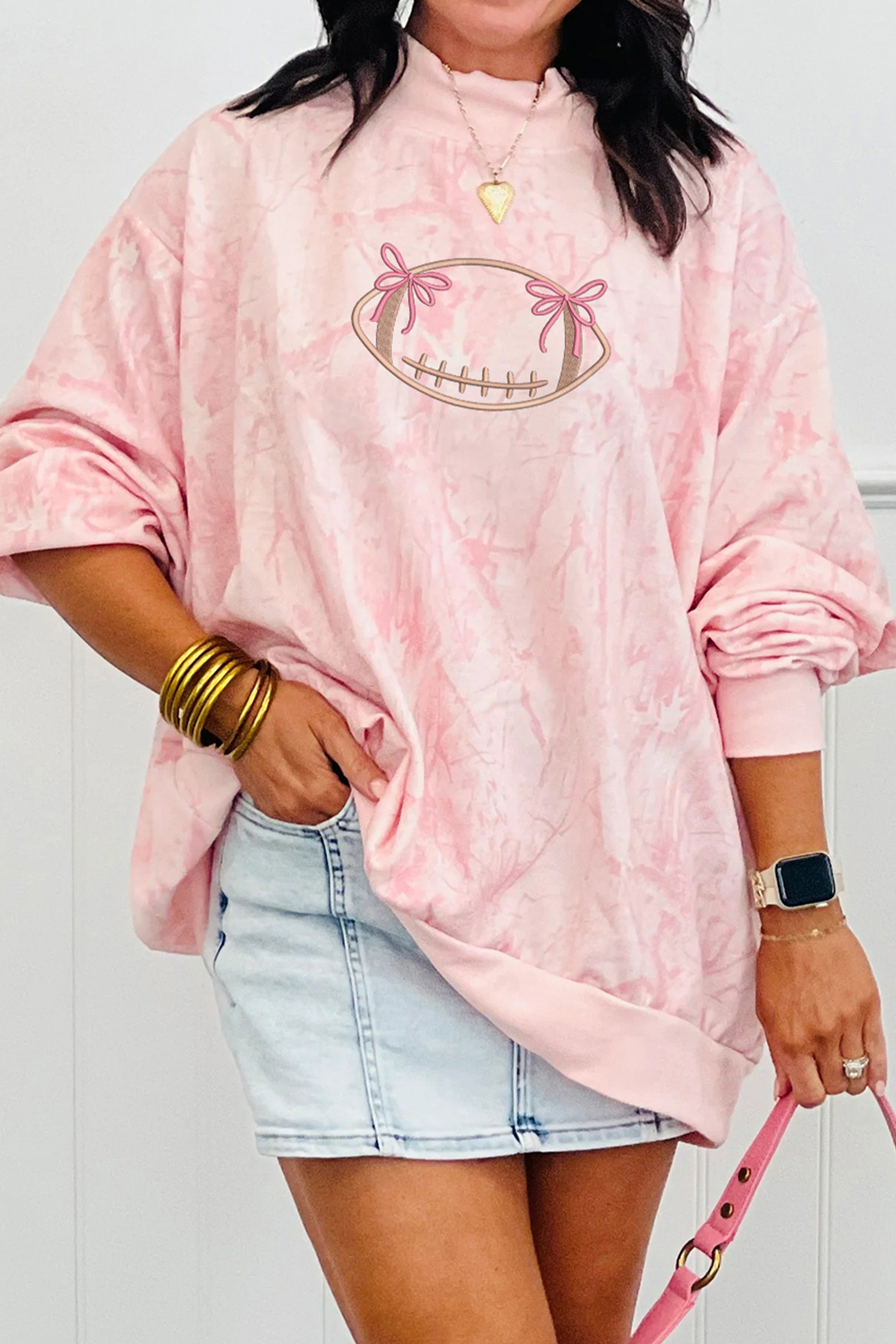 Pink Oversize Rugby Embroidered Camo Mock Neck Sweatshirt - loveforevers