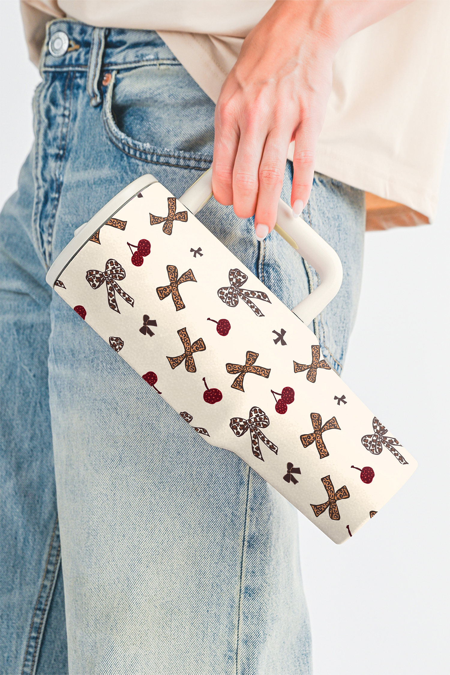 White Leopard Cheery Bow Printed Single Handle Flip Straw Travel Cup - loveforevers