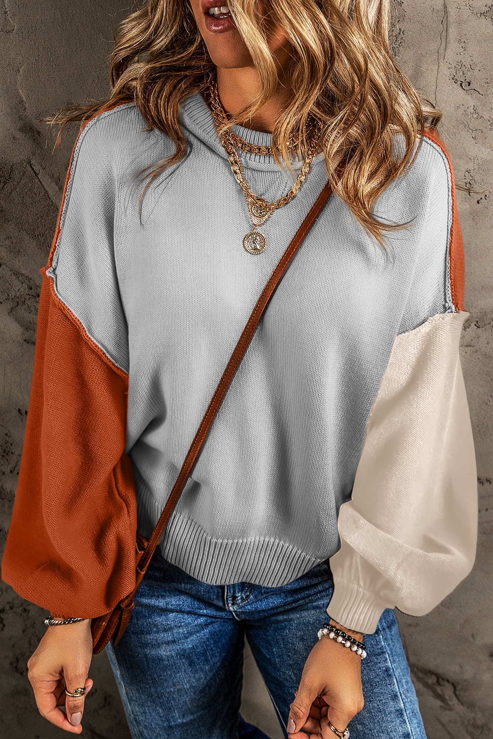 Gray Colorblock Bishop Sleeve Ribbed Trim Sweater - loveforevers