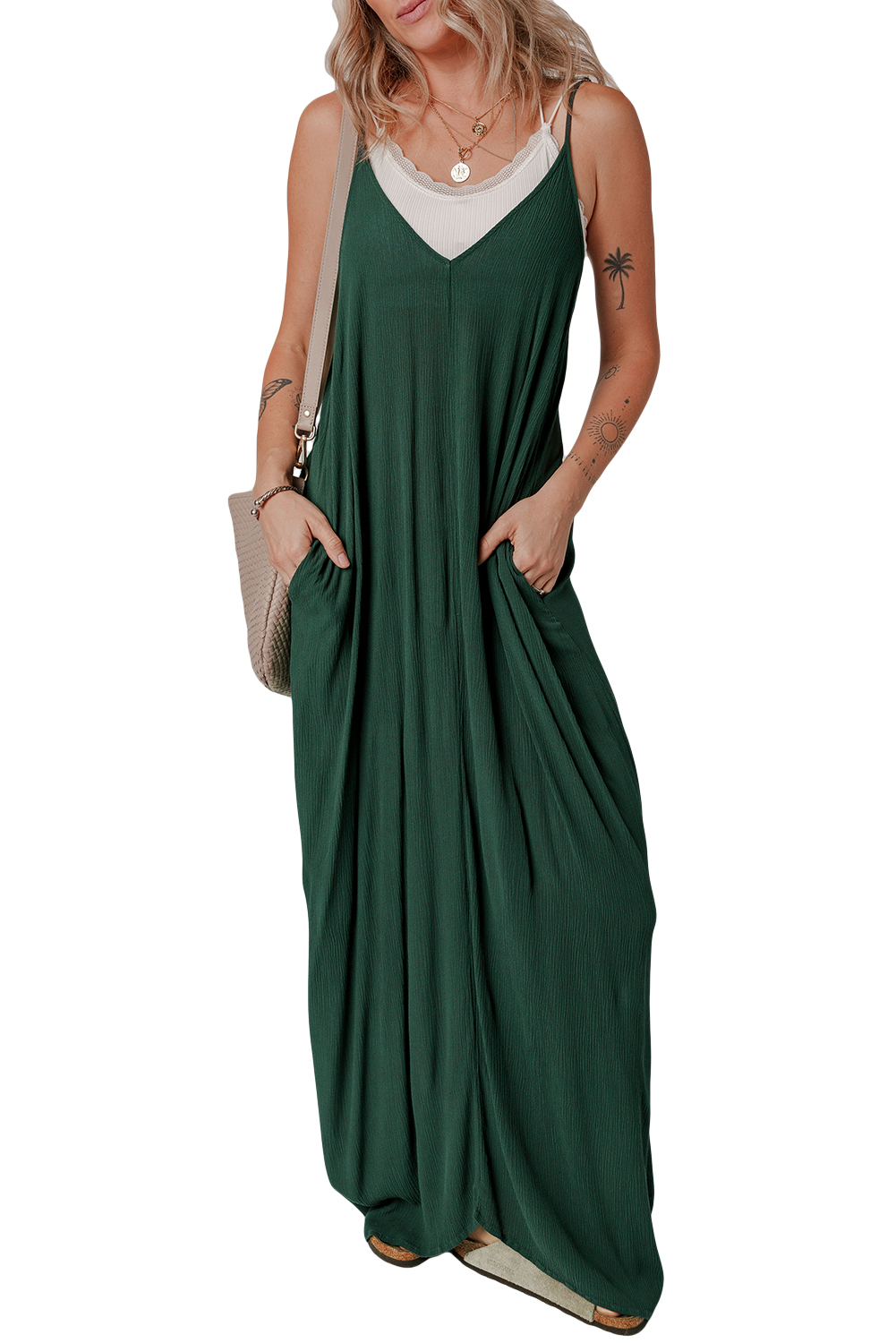 Duffel Green Spaghetti Straps Pocketed Slouchy Maxi Dress - loveforevers