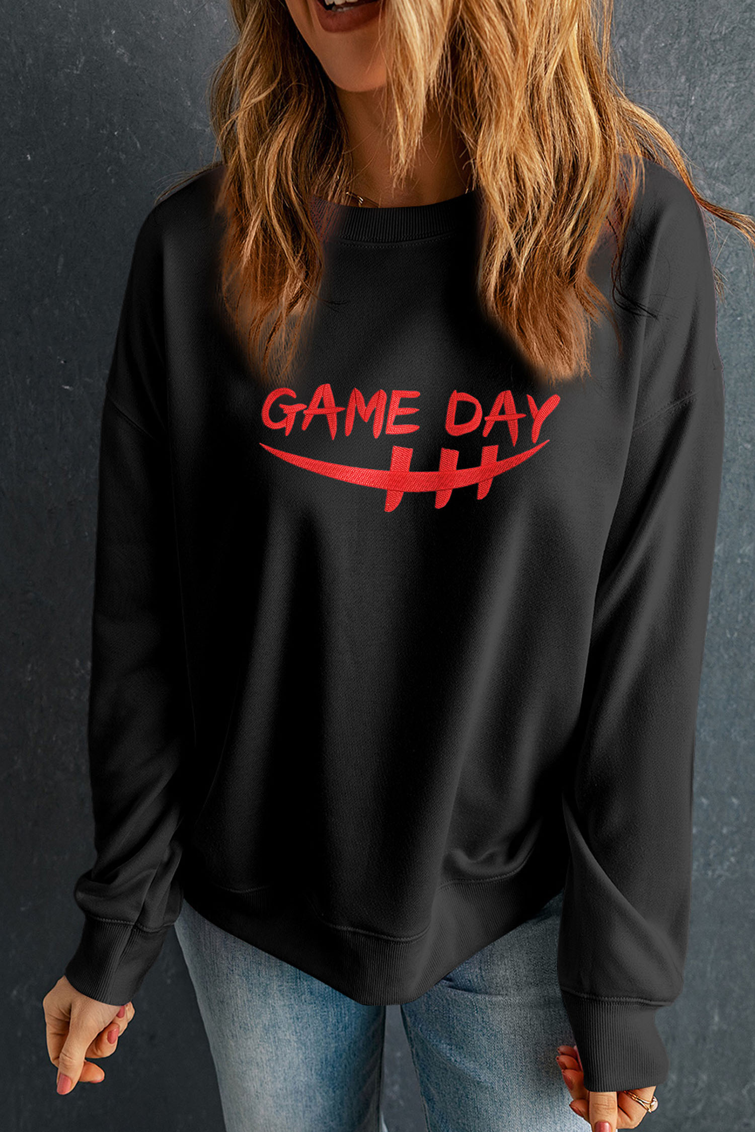 Black GAME DAY Embroidered Graphic Casual Pullover Sweatshirt - loveforevers