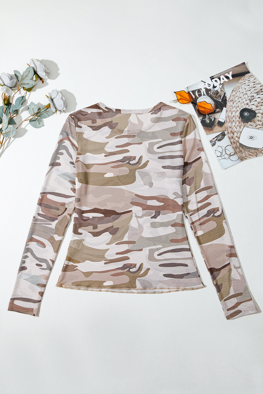 Western Fashion Camouflage Print Mesh Long Sleeve Top - loveforevers