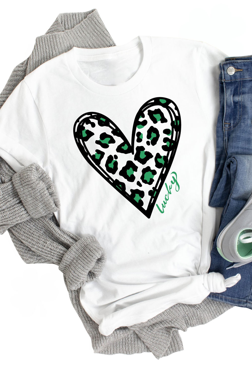 White Lucky Leopard Heart Print St Patricks Day T Shirt - loveforevers