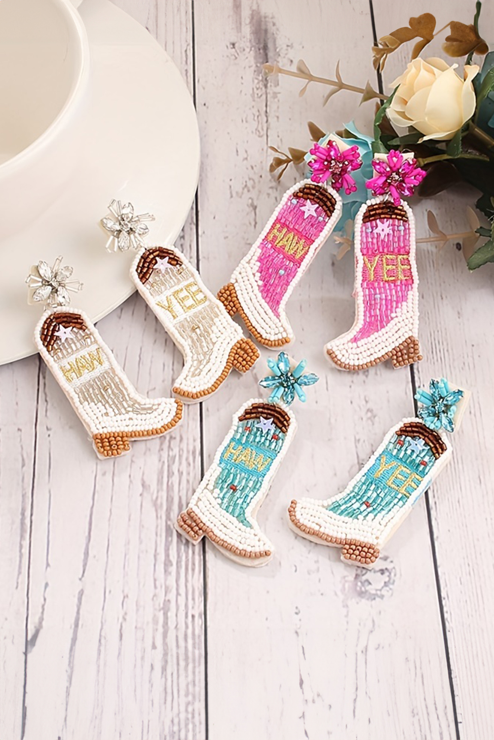 Light Blue Cowboy Boots Rice Bead Dangle Earrings - loveforevers