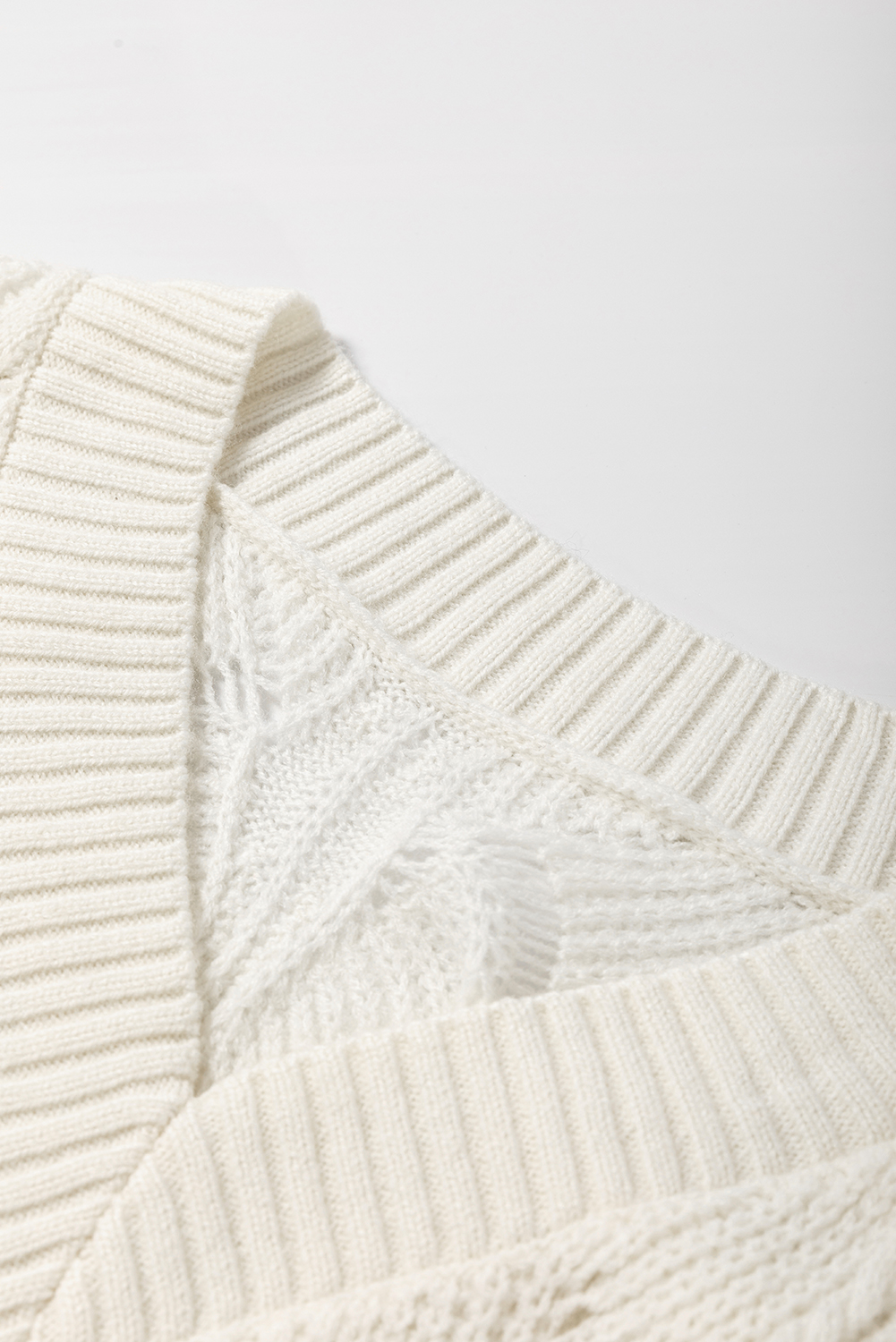 Beige Hollow Out Knit V Neck Drop Shoulder Sweater - loveforevers