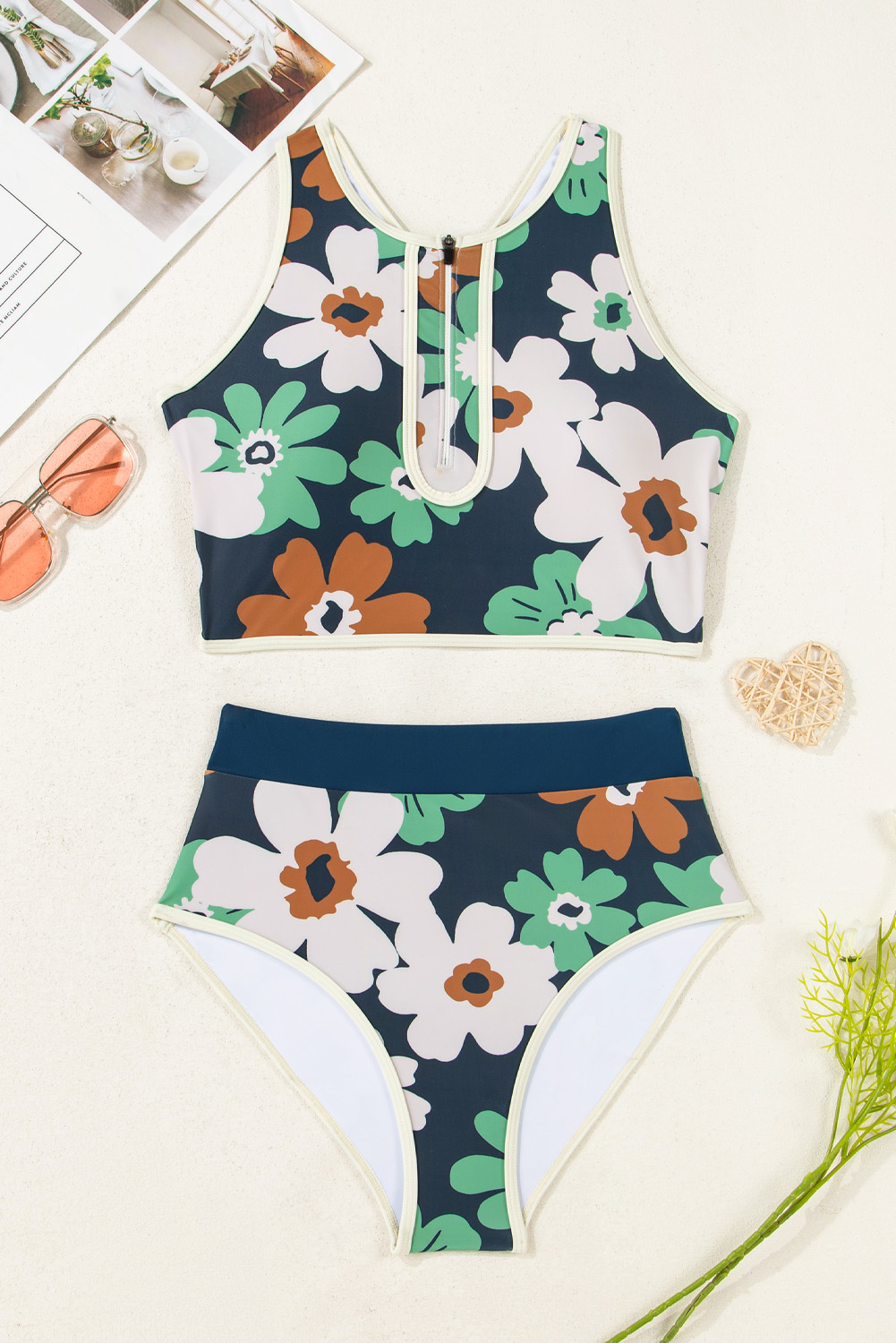Blue Flower Zip up Racerback High Waisted Bikini - loveforevers