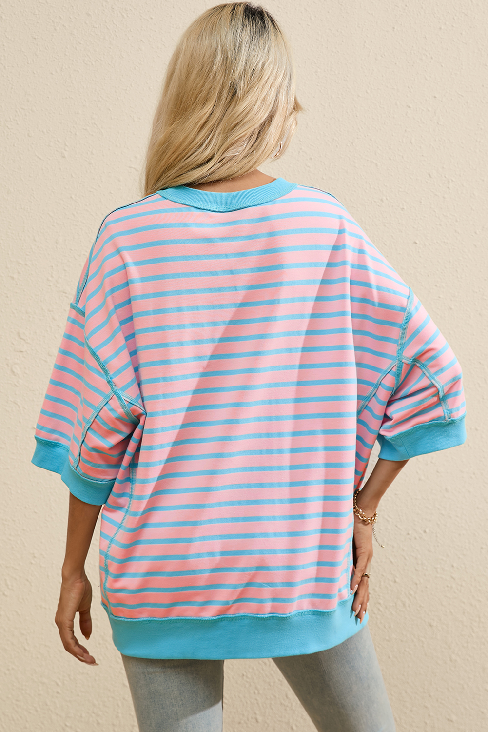 Pink Stripe Easter Rabbit Graphic Contrast Banded Drop Shoulder Tee - loveforevers