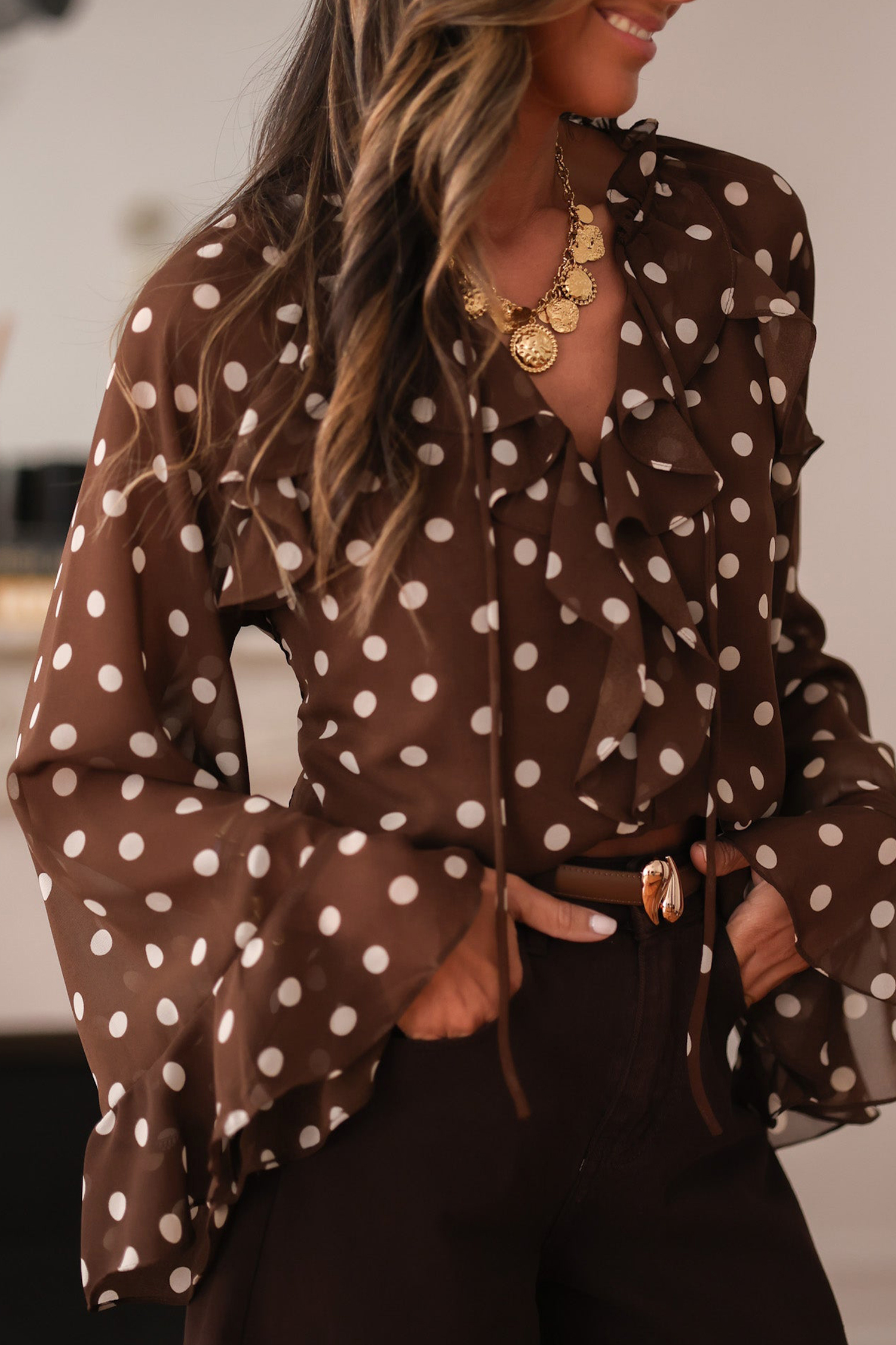 Coffee Polka Dot Print Ruffle Trim V Neck Long Bell Sleeve Blouse - loveforevers