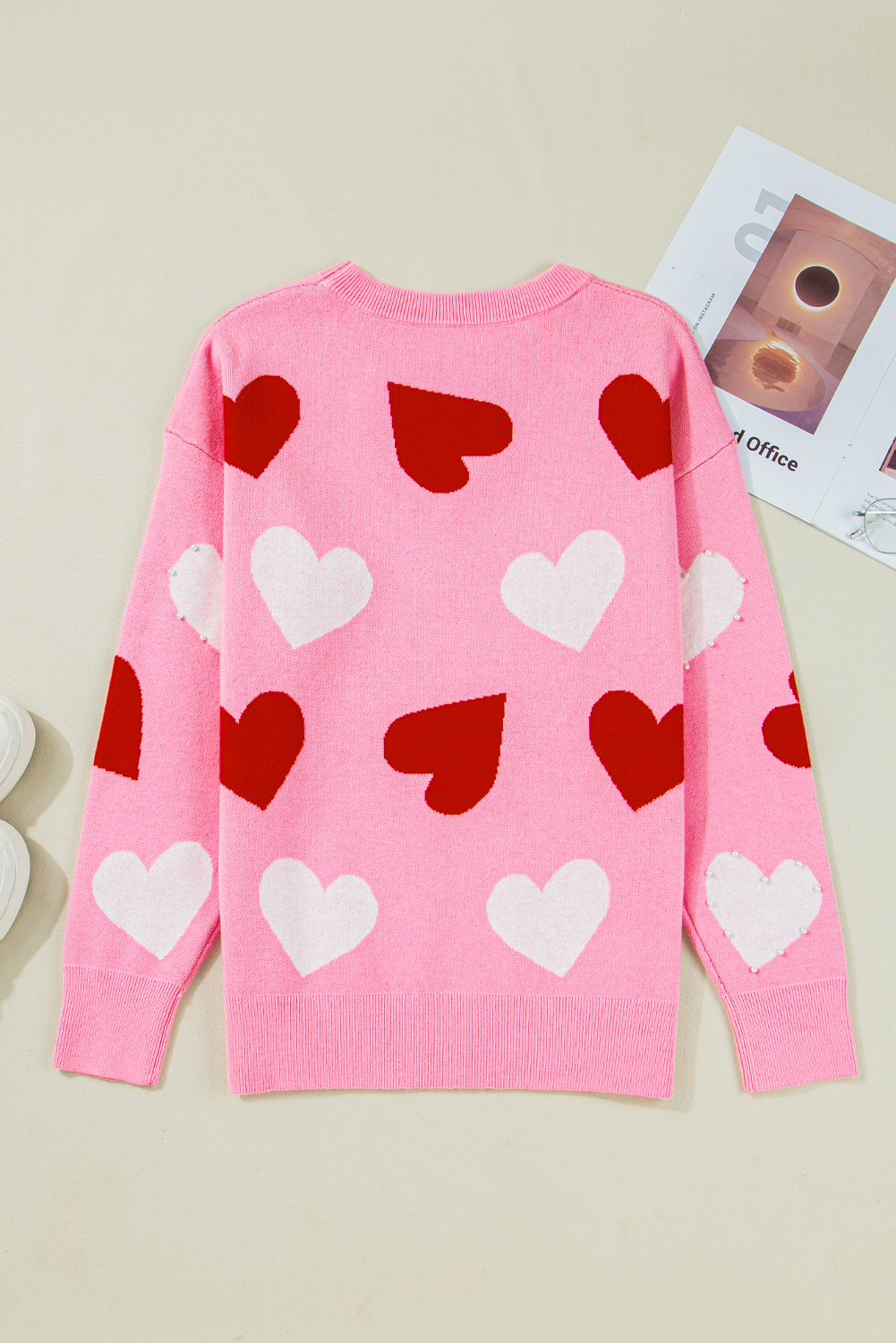 Pink Pearl Embellished Heart Pattern Valentines Day Sweater - loveforevers