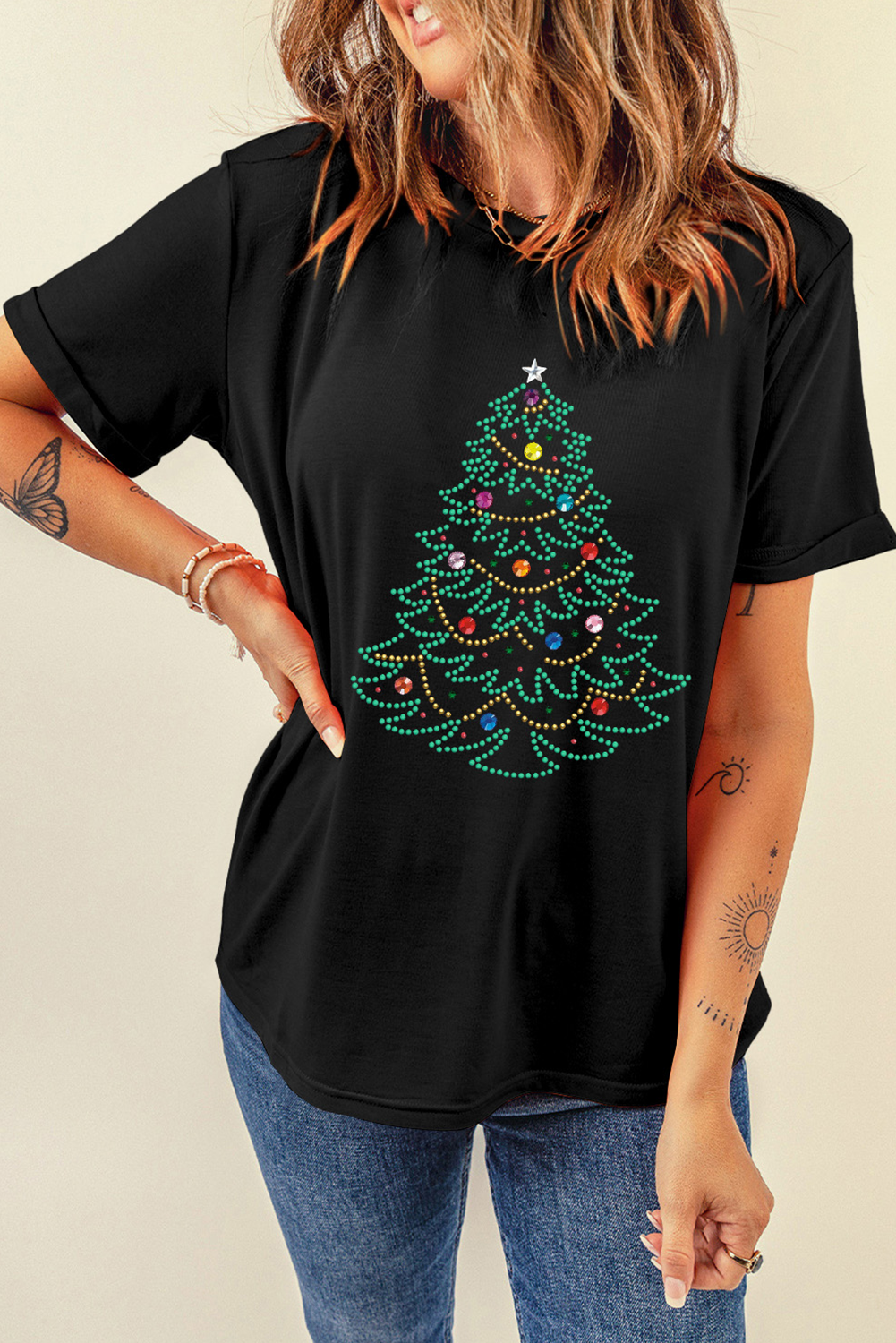 Black Rhinestone Christmas Tree Round Neck Graphic Tee - loveforevers