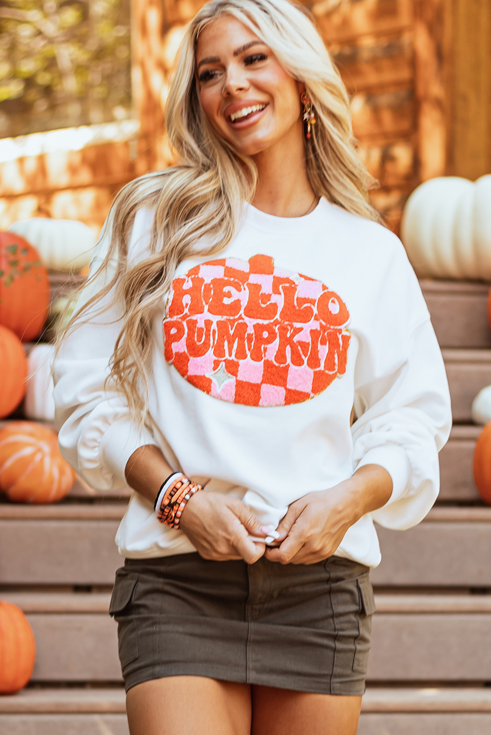 White Terry Halloween Pumpkin Patched Pattern Pullover Sweatshirt - loveforevers