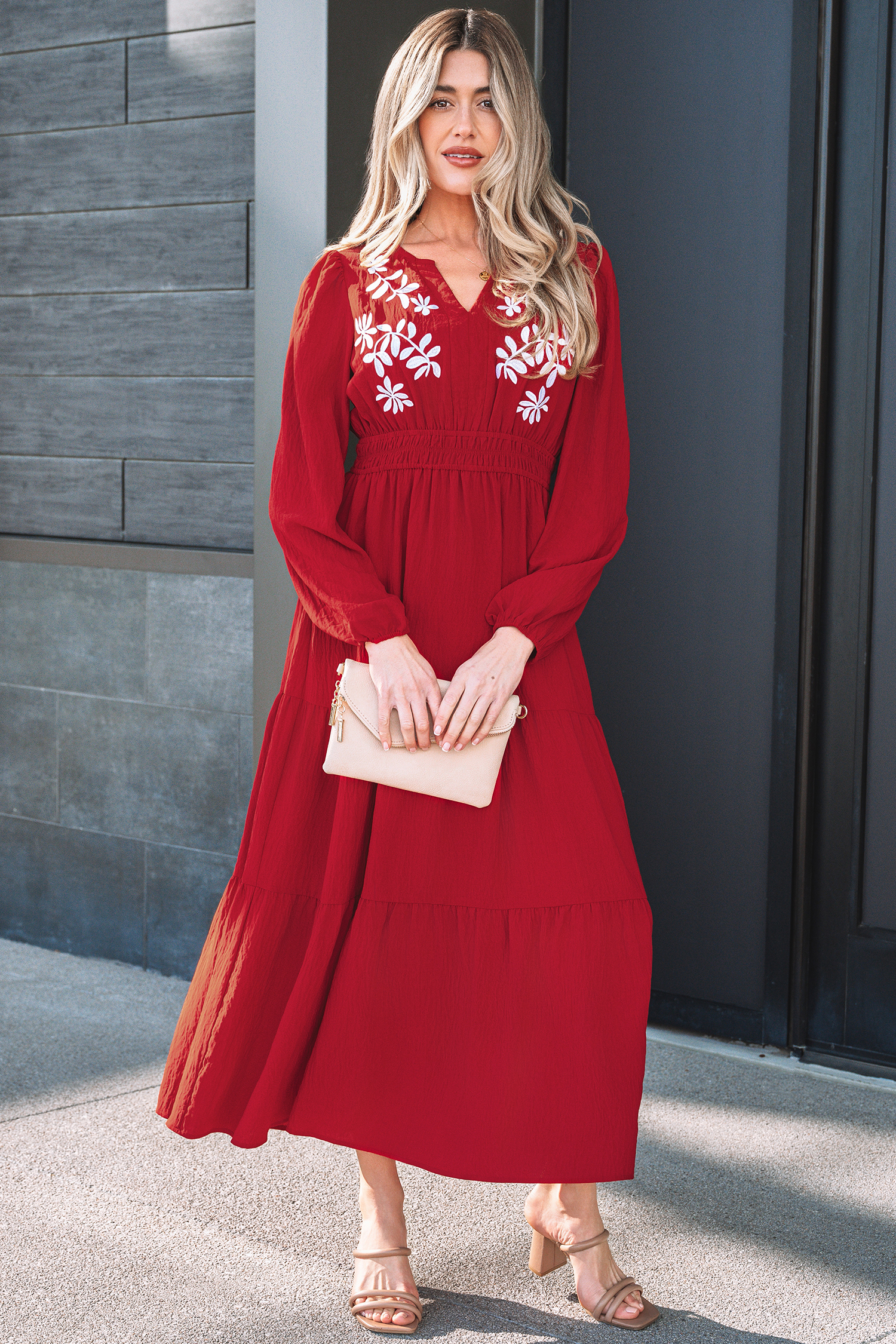 Racing Red Contrast Embroidered Detail Cinched Waist Tiered Long Sleeve Maxi Dress - loveforevers