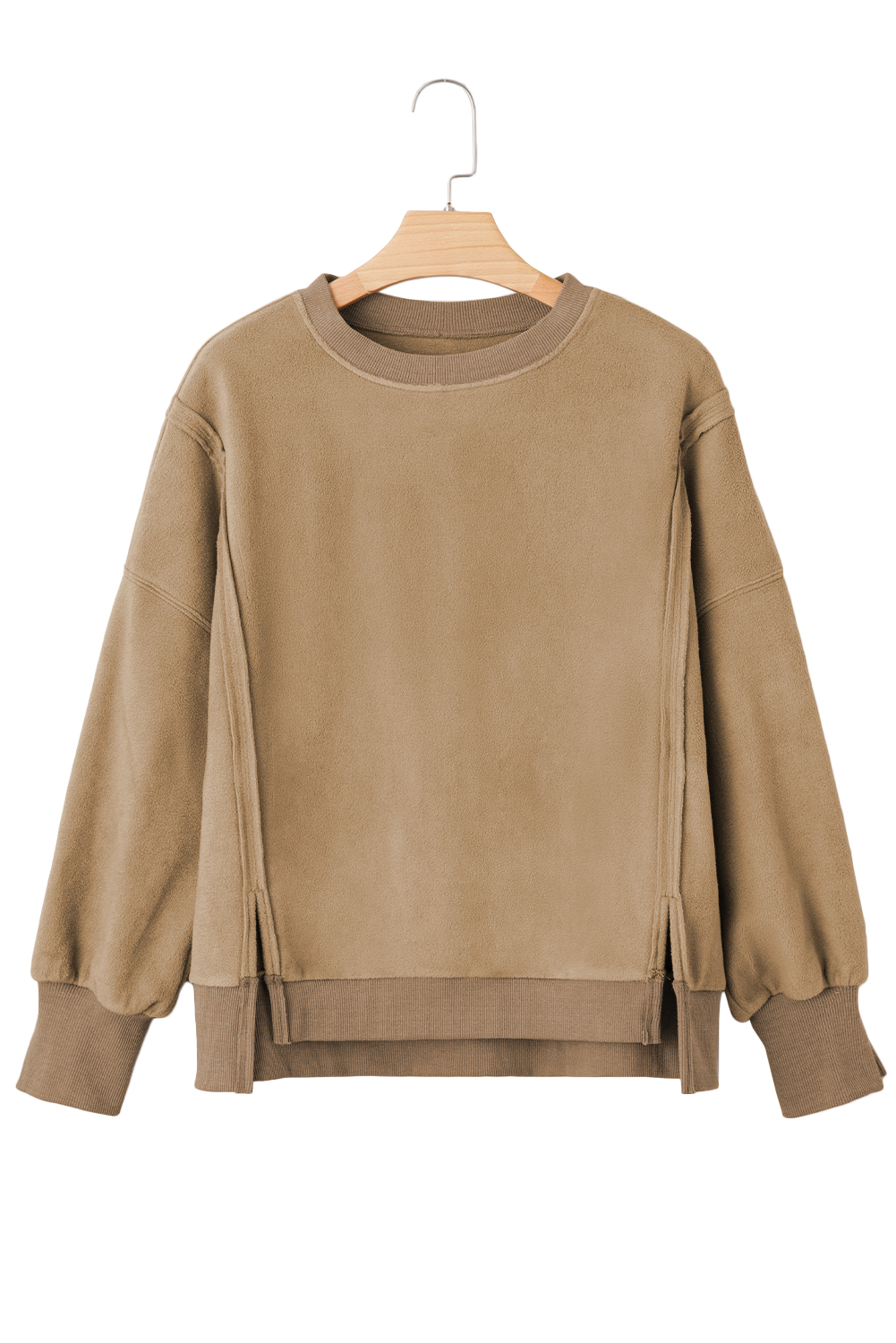Dark Khaki Fuzzy Sherpa Splicing Pullover Sweatshirt with Side Slit - loveforevers