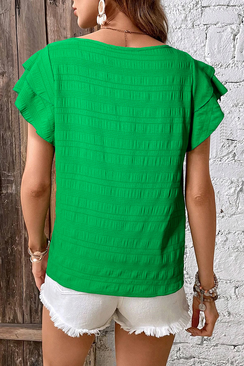 Dark Green Textured Ruffled Sleeve Round Neck Top - loveforevers