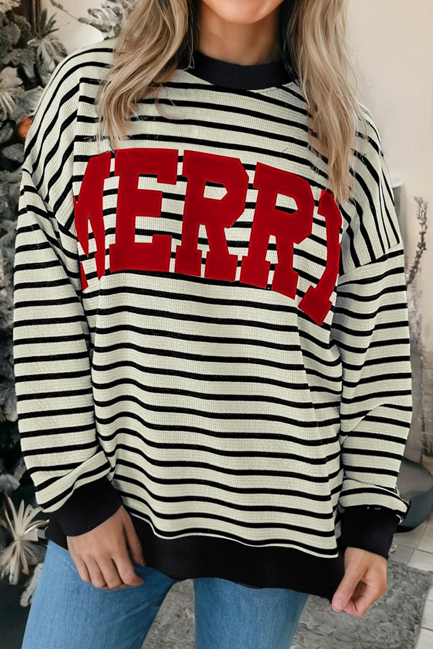 White Stripe Contrast MERRY Letter Christmas Print Drop Shoulder Sweatshirt - loveforevers