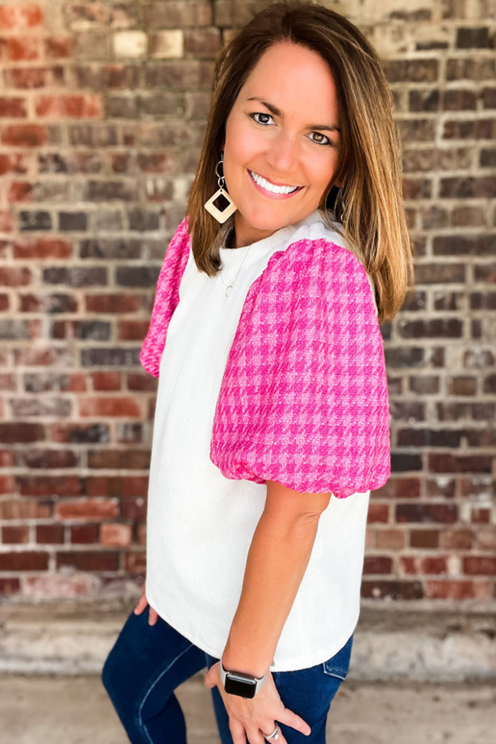 White Contrast Tweed Puff Sleeve Top - loveforevers