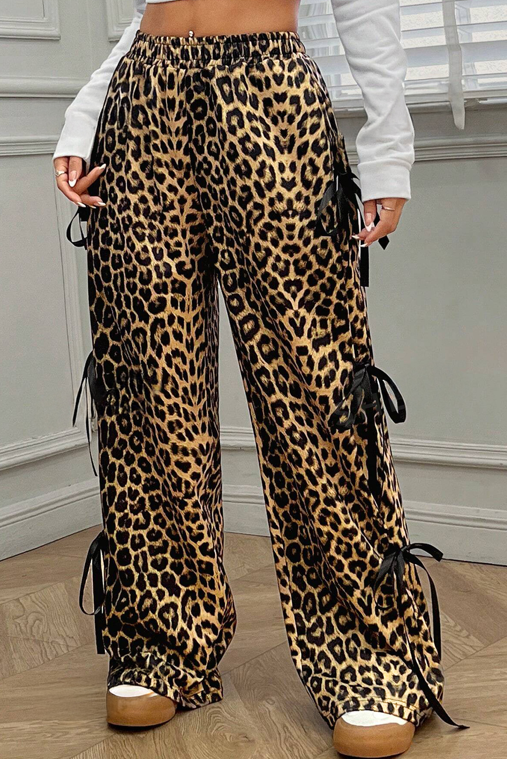 Brown Leopard Print Bow Tie Elastic Waistband Loose High Waist Pants - loveforevers