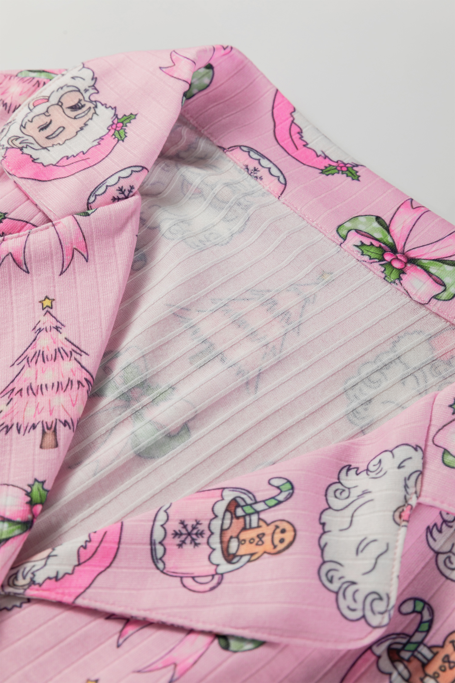 Pink Christmas Print Ruffled Ribbed Shirt & Pants 2 Piece PJ Set - loveforevers