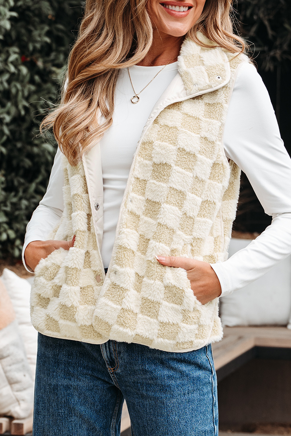Khaki Sherpa Checkerboard Snap Button Vest Jacket With Pocket - loveforevers