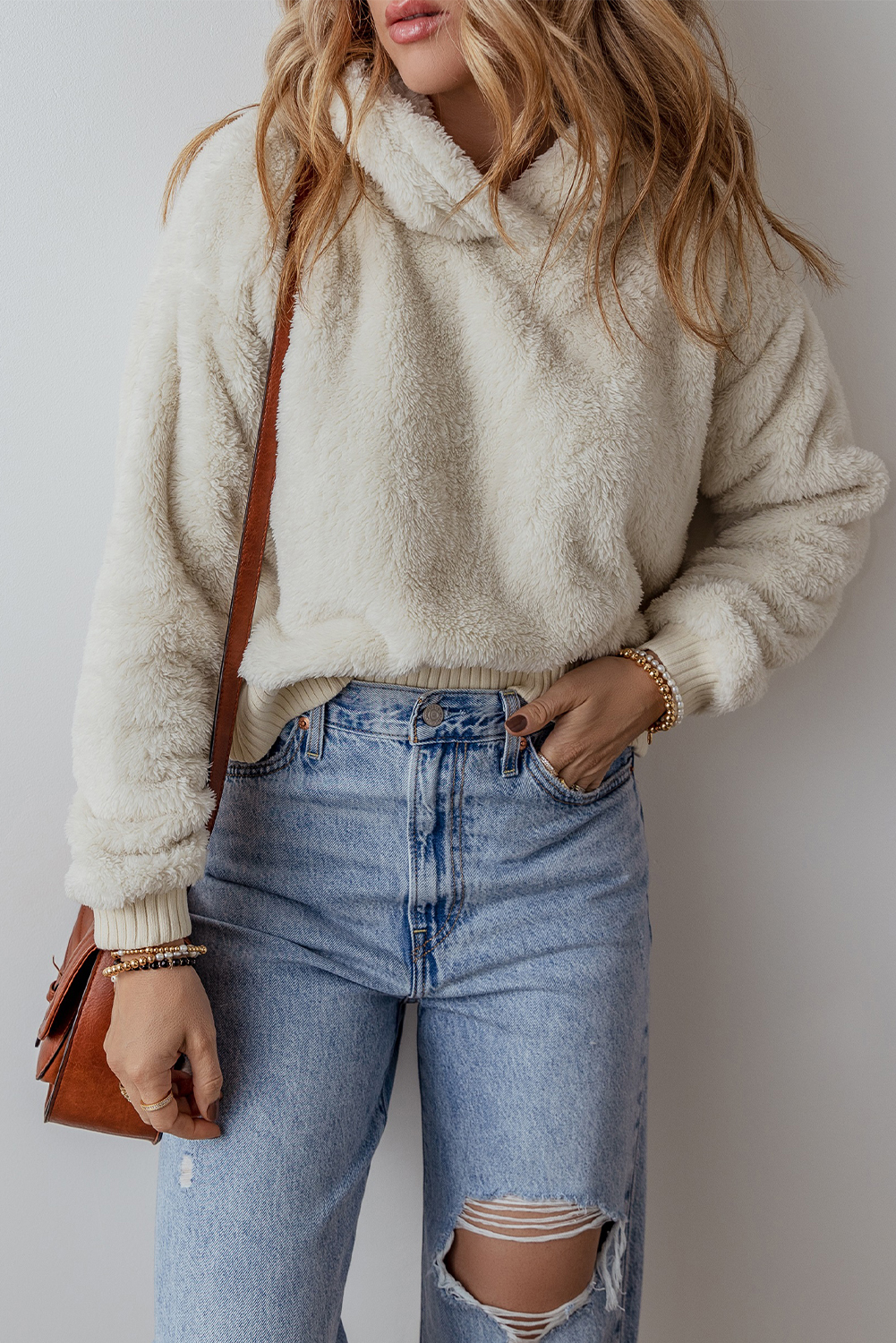 White Contrast Ribbed Edge Plush Hoodie - loveforevers