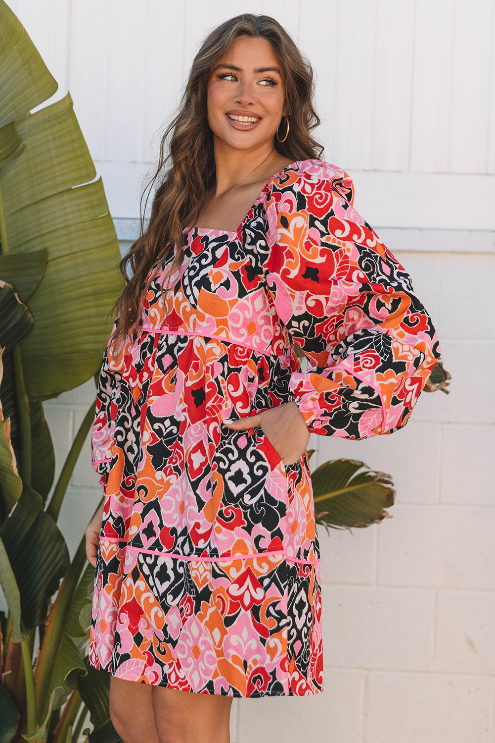 Pink Bohemian Square Neck Puff Sleeve Mini Dress - loveforevers