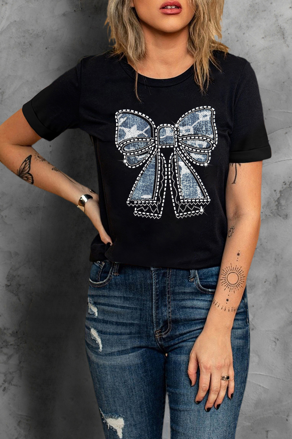 Black Rhinestone Bowknot Graphic Crewneck T Shirt - loveforevers