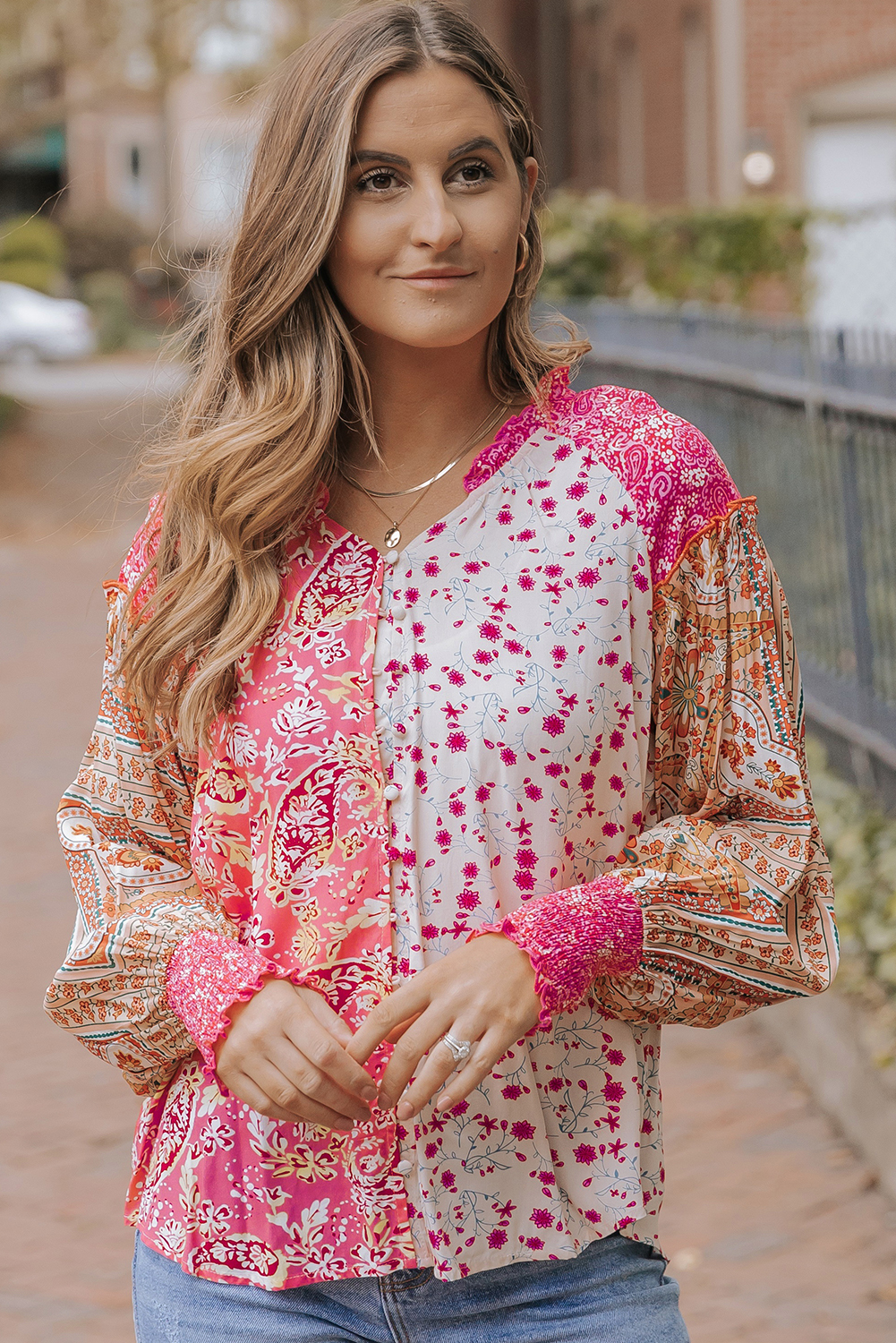 Pink Mixed Floral Printed Puff Sleeve V-Neck Shirt - loveforevers