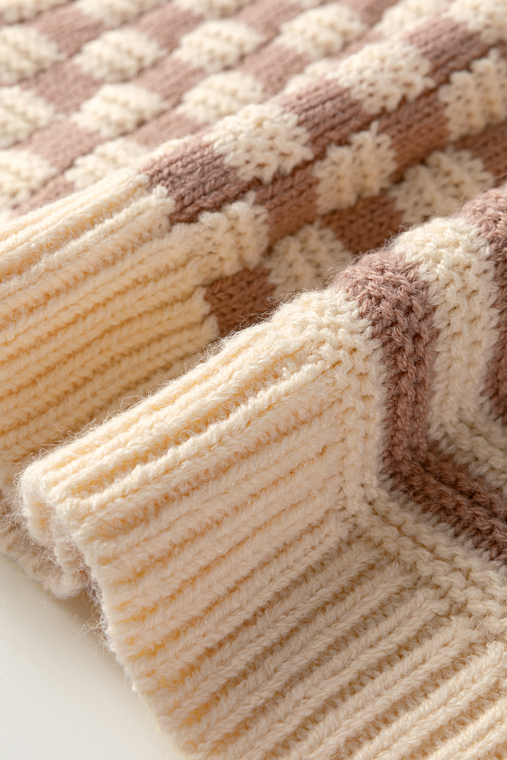 Khaki Stripe Checkerboard Drop Shoulder Balloon Sleeve Sweater - loveforevers