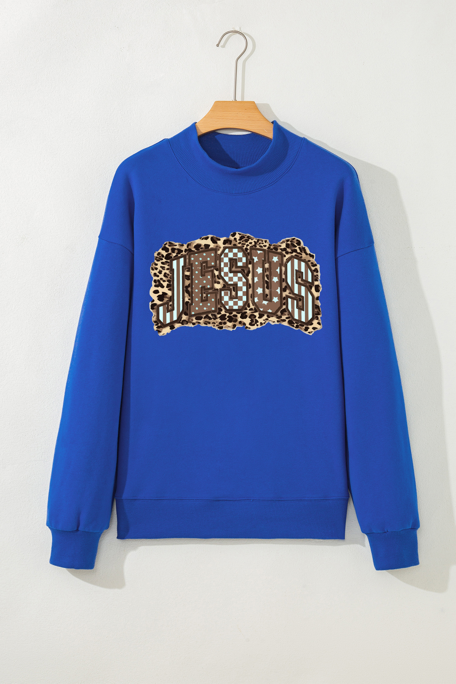 Dark Blue JESUS Playful Leopard Letter Print Mock Neck Sweatshirt - loveforevers