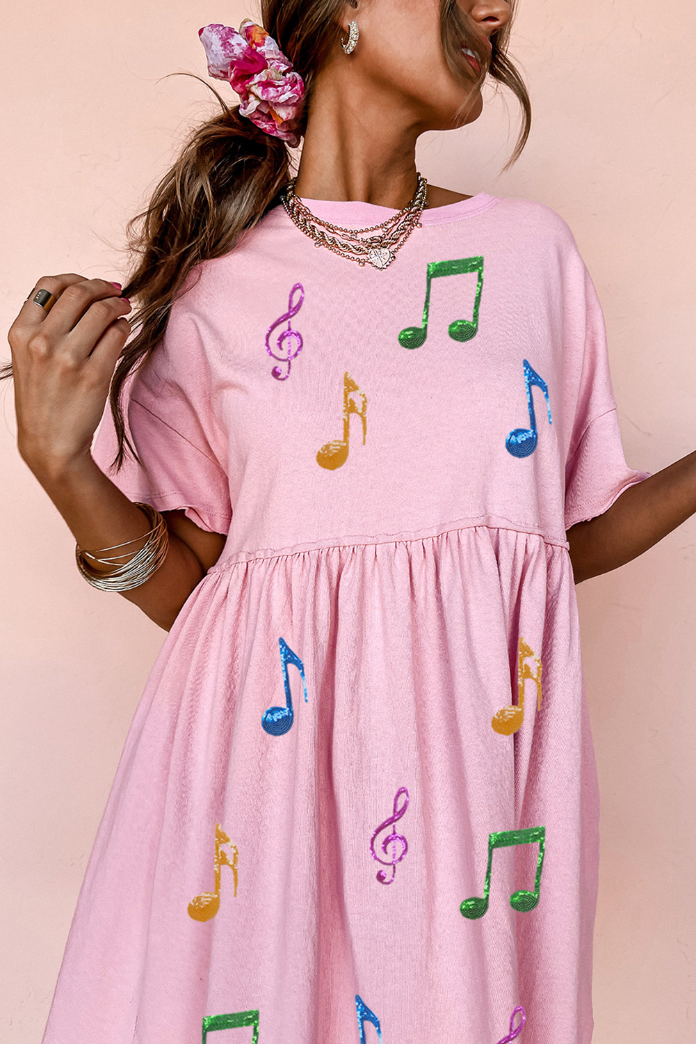 Light Pink Sequined Note Pattern Raw Edge Music Festival Babydoll T-shirt Dress - loveforevers