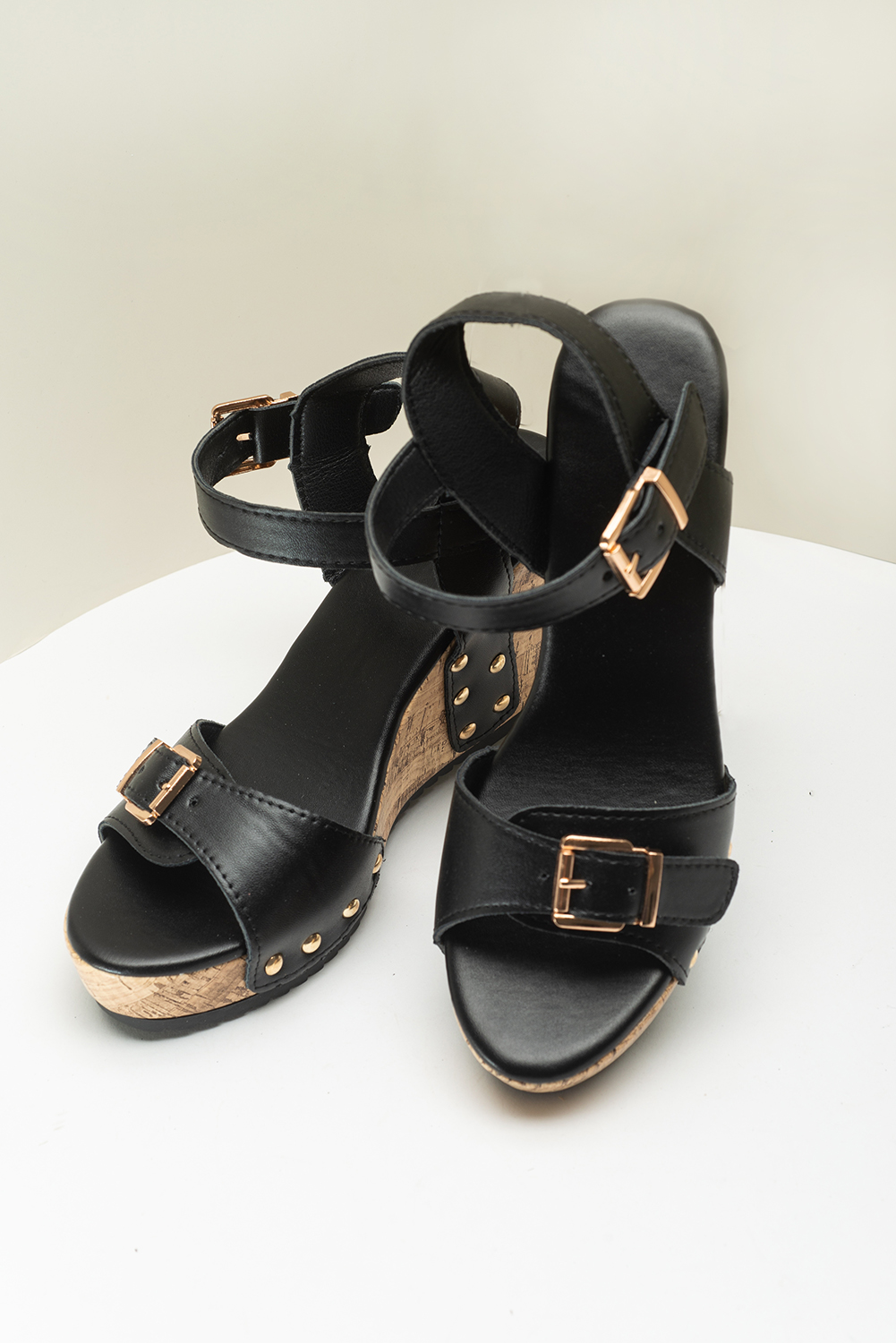 Black Rivet Buckle Closure Wedge Sandals - loveforevers