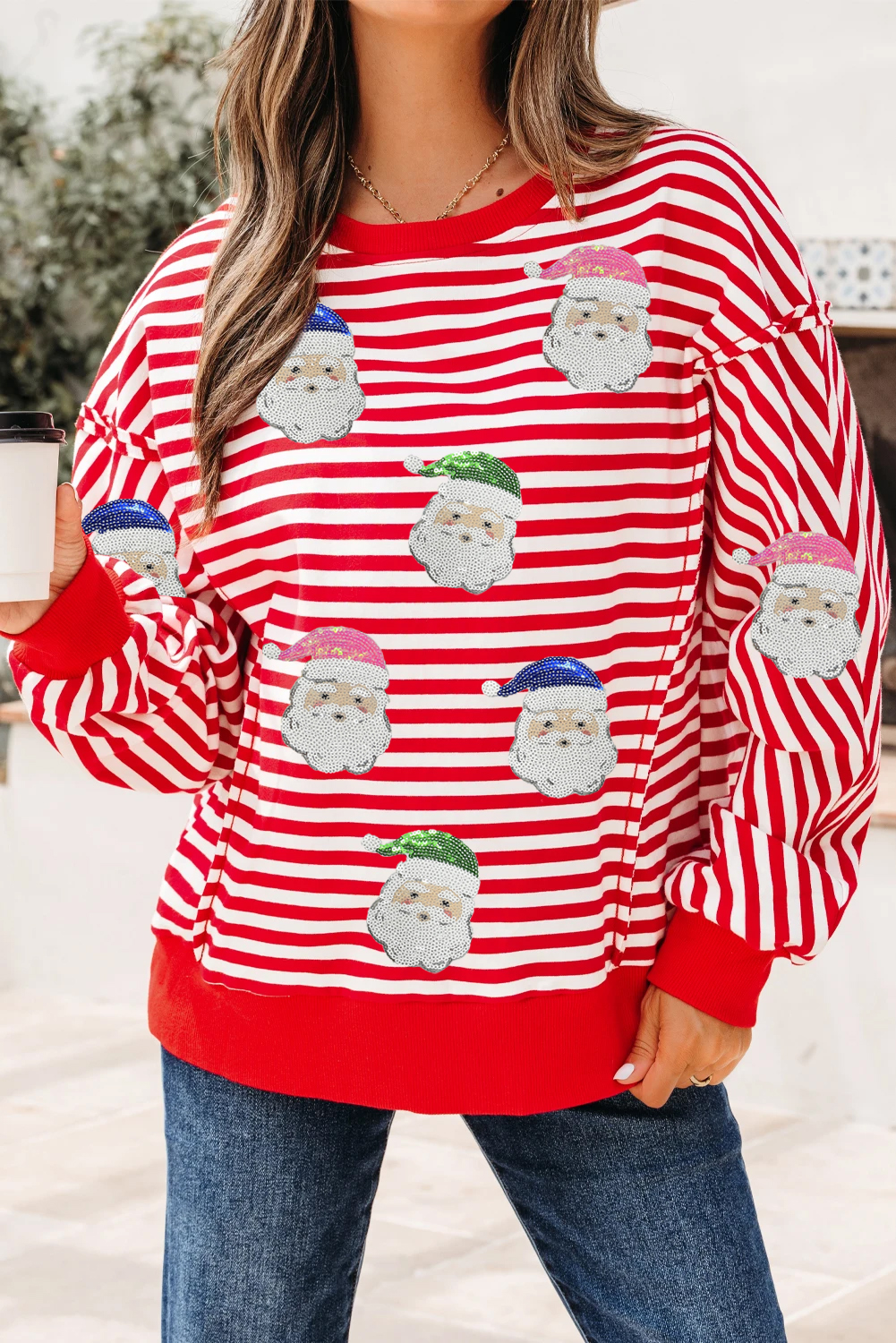 Red Stripe Sequin Santa Round Neck Raw Seam Detail Christmas Long Sleeve Top - loveforevers