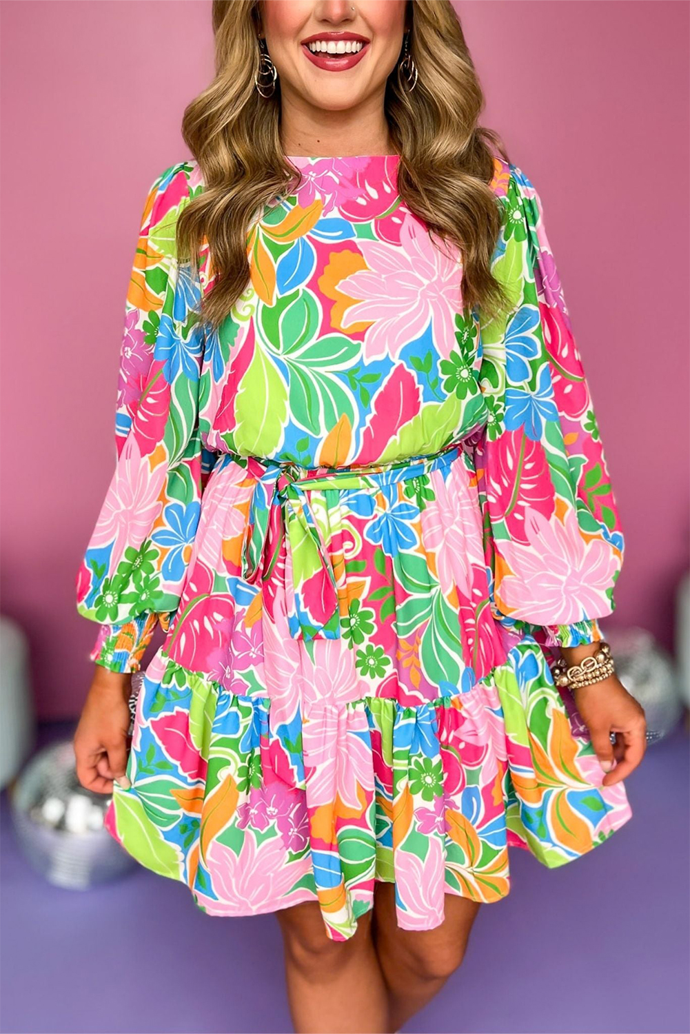 Green Multicolor Botanical Bubble Sleeve Mini Dress - loveforevers