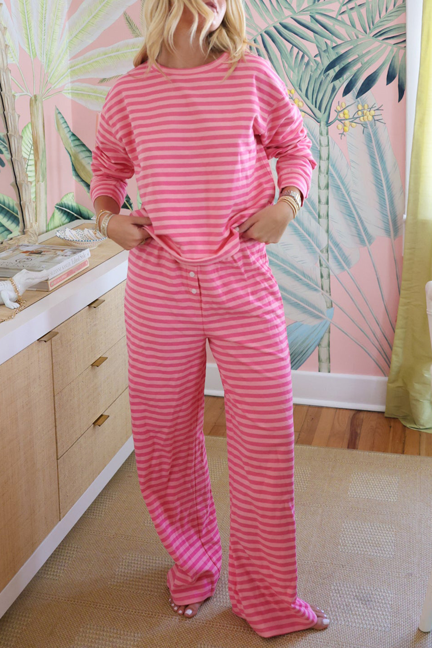 Rose Stripe Drop Shoulder Round Neck Top and Buttoned Straight Pants Two Piece Set - loveforevers