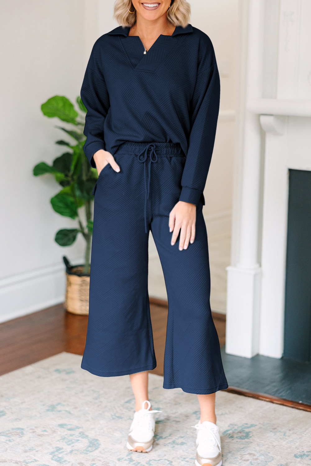 Sail Blue Solid Textured Collared V Neck Top and Wide Leg Pants Set - loveforevers