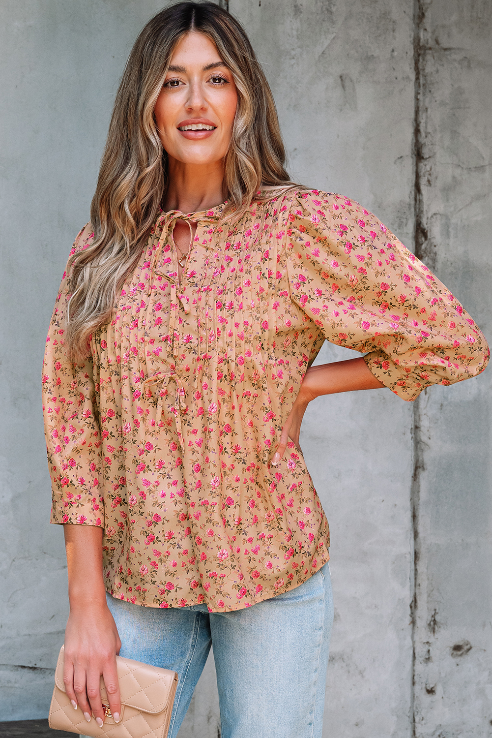 Light French Beige Floral Print Bow Pintuck Bust Half Puff Sleeve Blouse Top - loveforevers