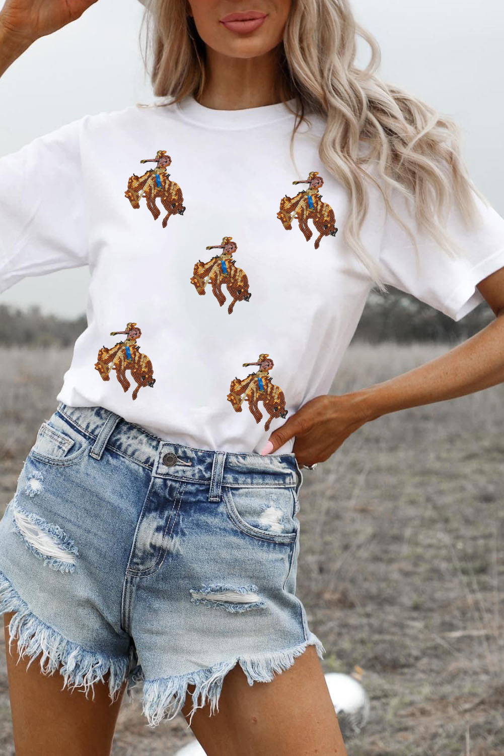 White Rodeo Patched Graphic Casual Round Neck Tee - loveforevers