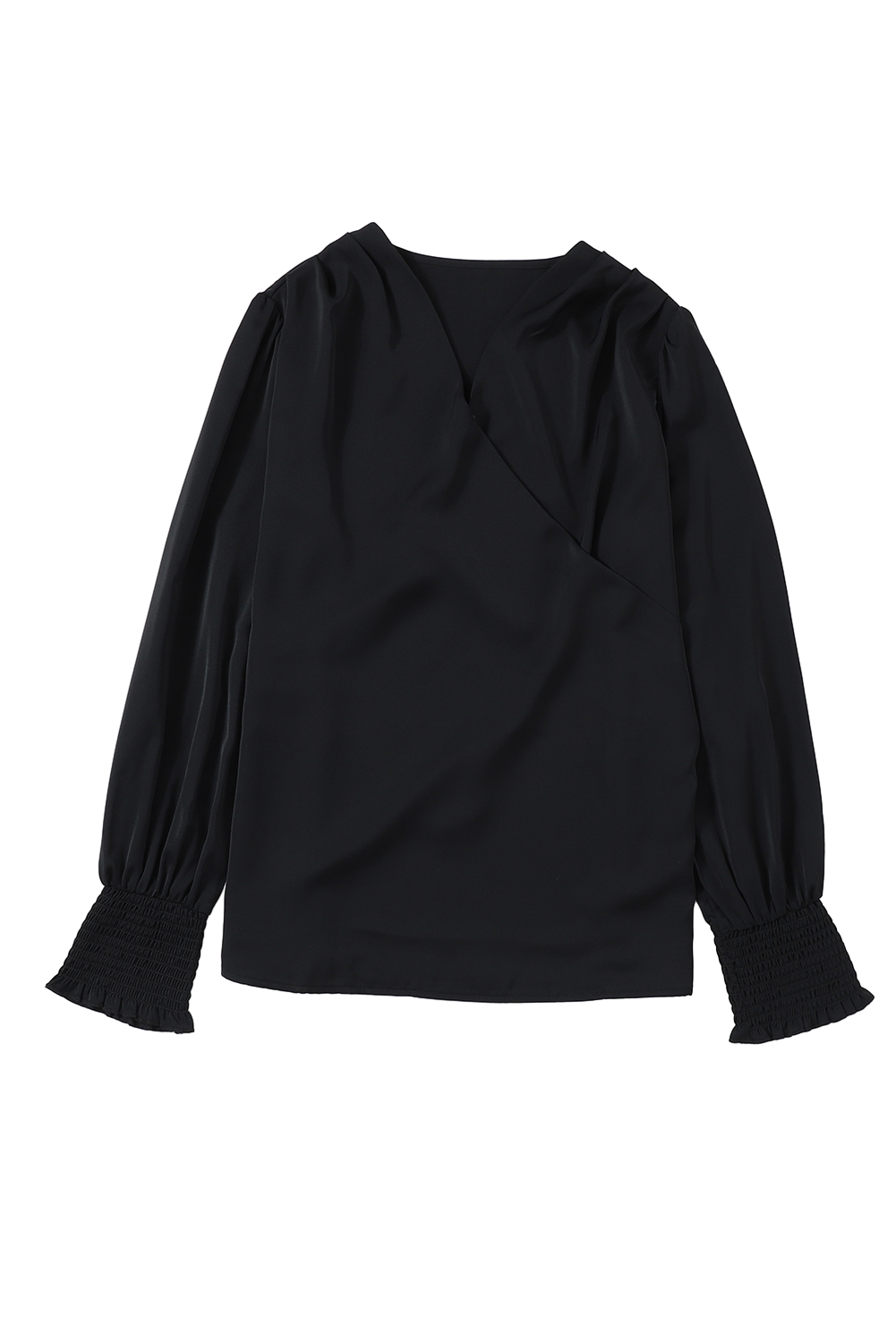 Black Solid Surplice Neck Shirred Cuffs Draped Blouse - loveforevers