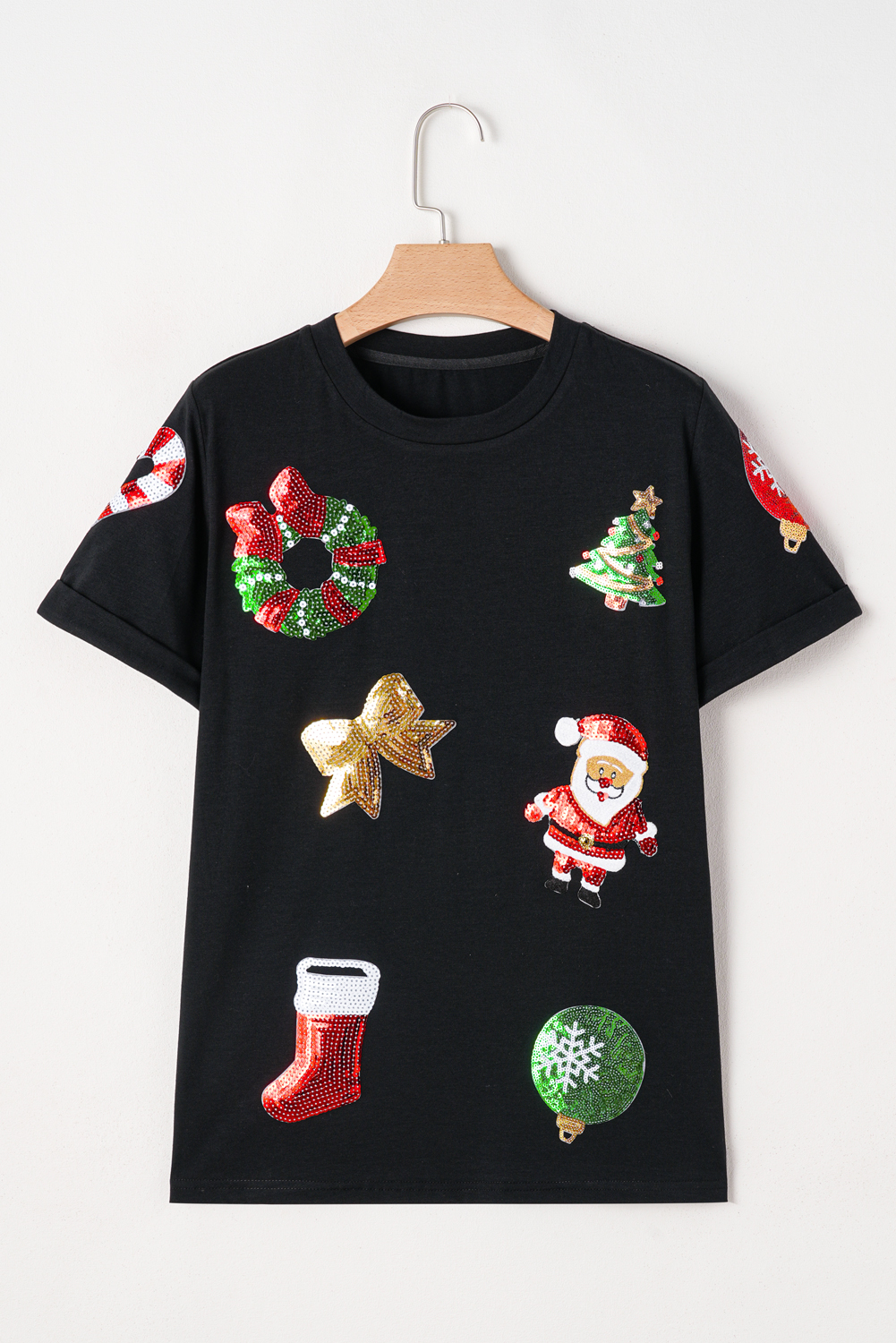 Black Sequin Christmas Essentials Graphic Crewneck T Shirt - loveforevers