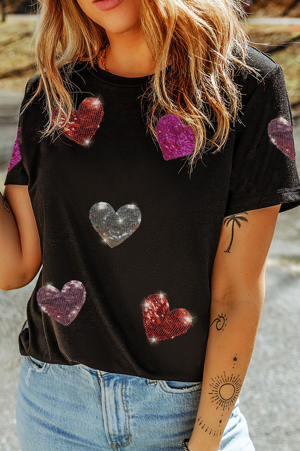 Black Sequin Heart Patched Pattern Crewneck Valentines Tee - loveforevers