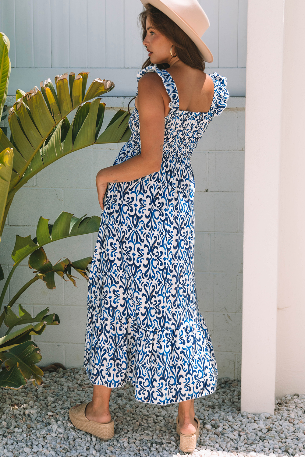 Sky Blue Boho Print Smocked High Waist Maxi Dress - loveforevers